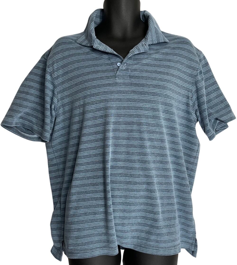 RR Men Polo Shirt Mens Size L Blue Gray Striped Short Sleeve Cotton Blend SNAGS